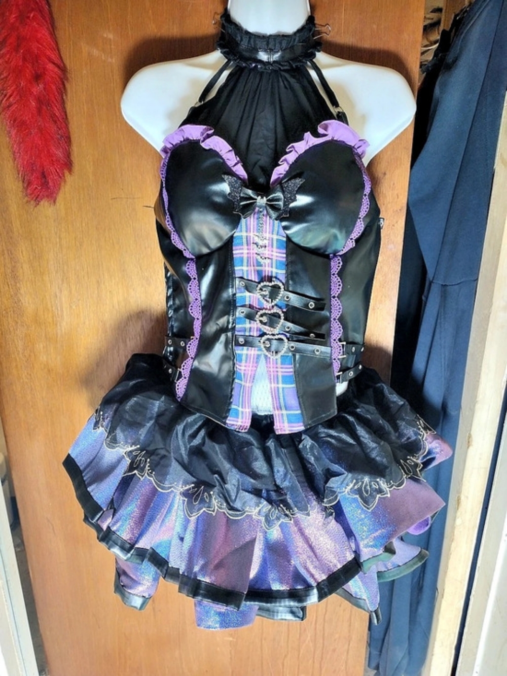 Black, Purple & Pink Plaid & Leather Top & Mini Skirt